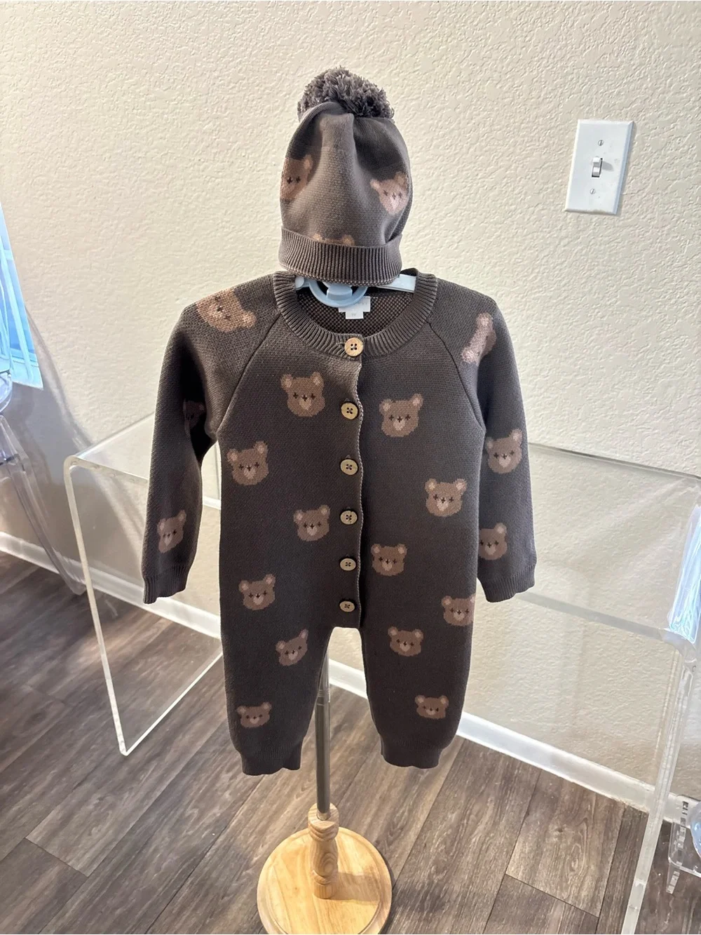 Jamie Kay Brown Teddy Bear Knit One-Piece with Pom Beanie